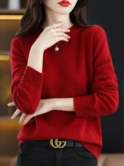 Suéter de moda 100 % lana merina, elegante jersey de cachemira para mujer, prenda básica de punto con cuello redondo y manga larga, top tipo jersey