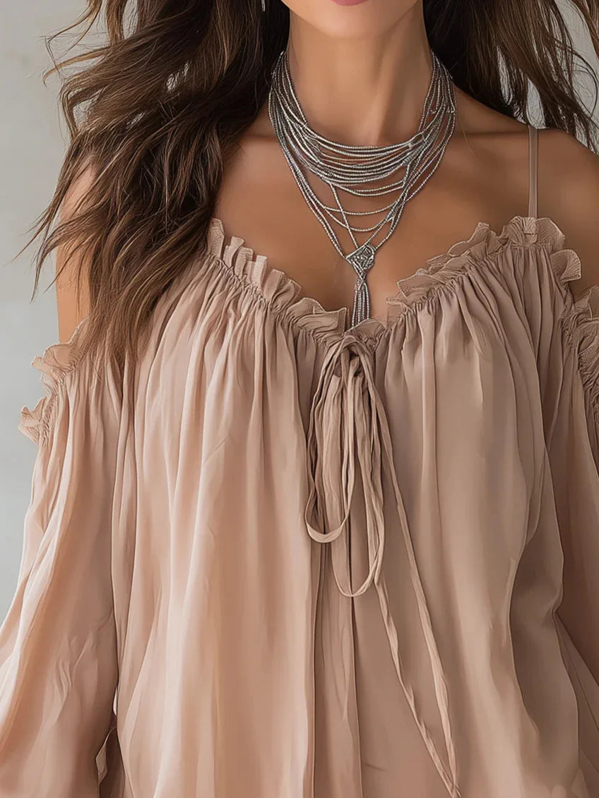 Elegant Off Shoulder Blouse Ruffled V Neck Lace Up Puff Sleeve Chiffon Shirts Loose Casual Summer Fashion Women Long Sleeve Top