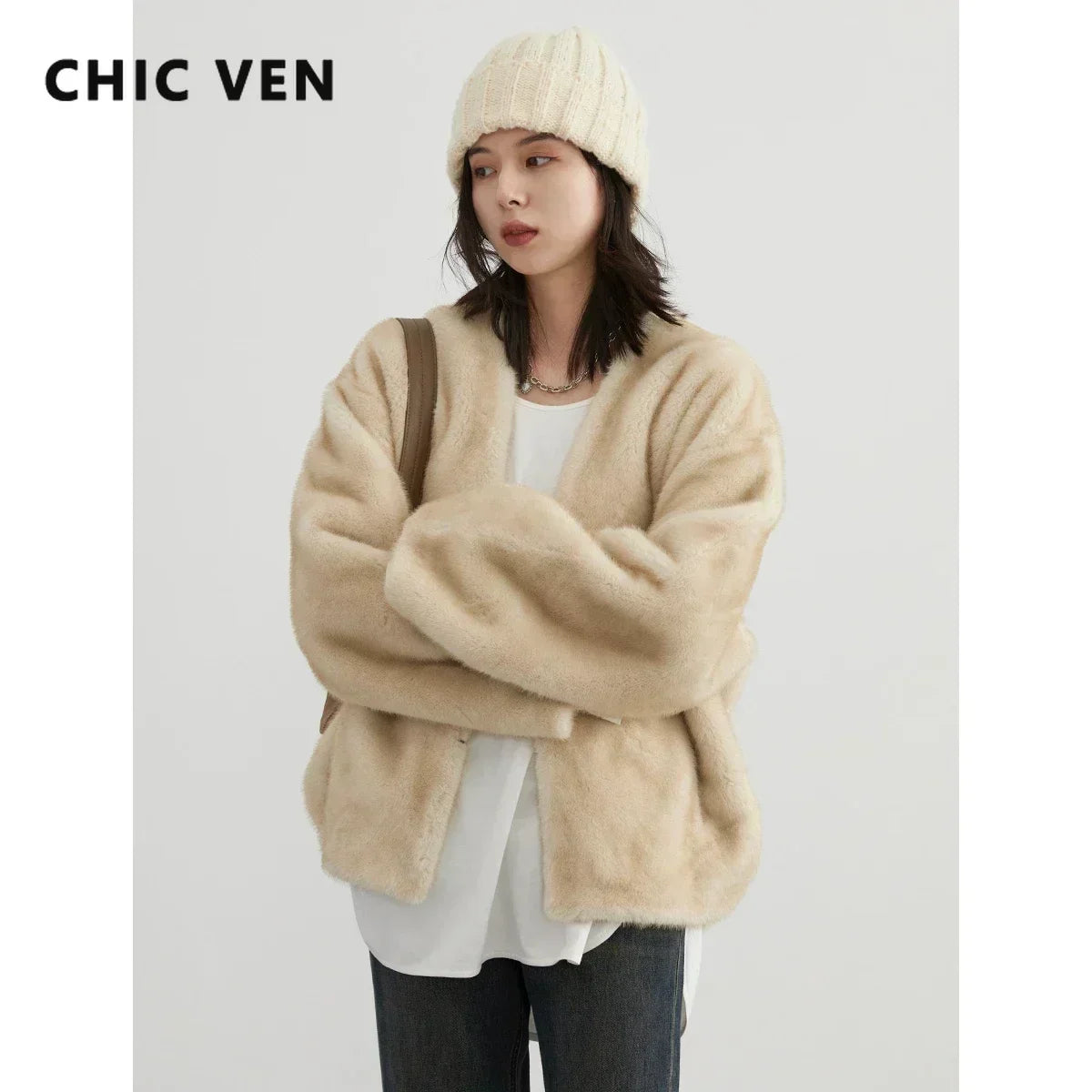 CHIC VEN Women's Jacket Loose Casual Solid Overcoat New Female Plush Coat V-neck Woman Outerwear Autumn Winter 2026
