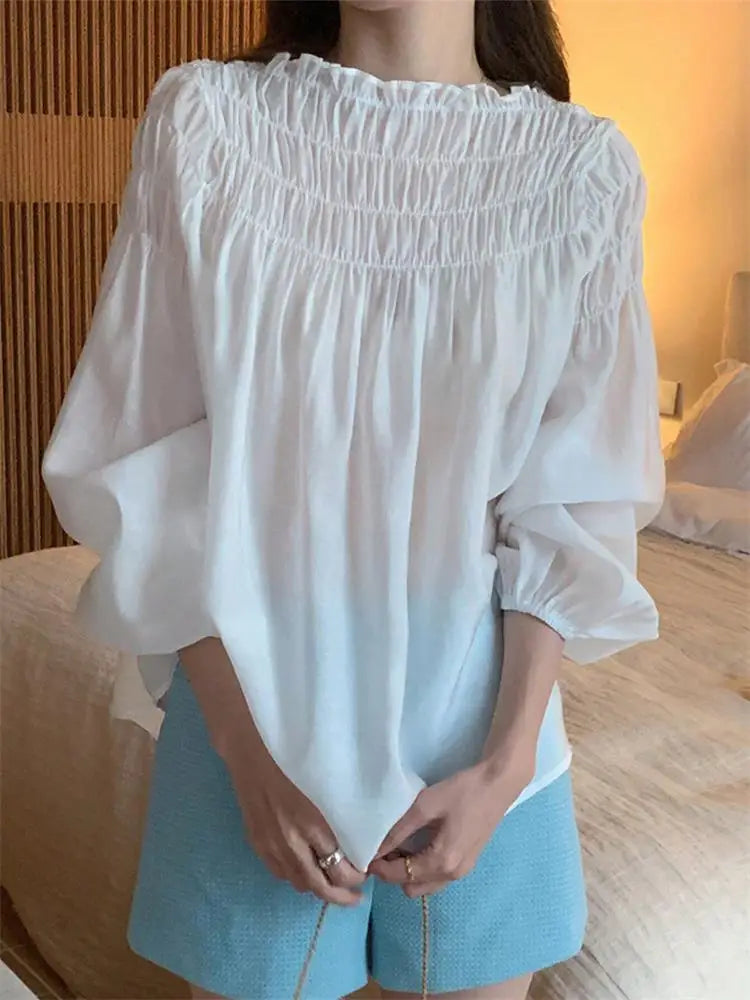 Korean Chic Sweet Elegant Chiffon Blouse With Puff Sleeves Round Neck Pleated Design for Women's Summer Shirts Loose Casual Top