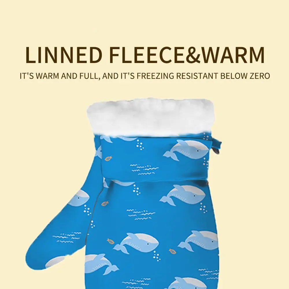 Kids' Printed Fleece-Lined Snow Mittens with Anti-Lost Clip