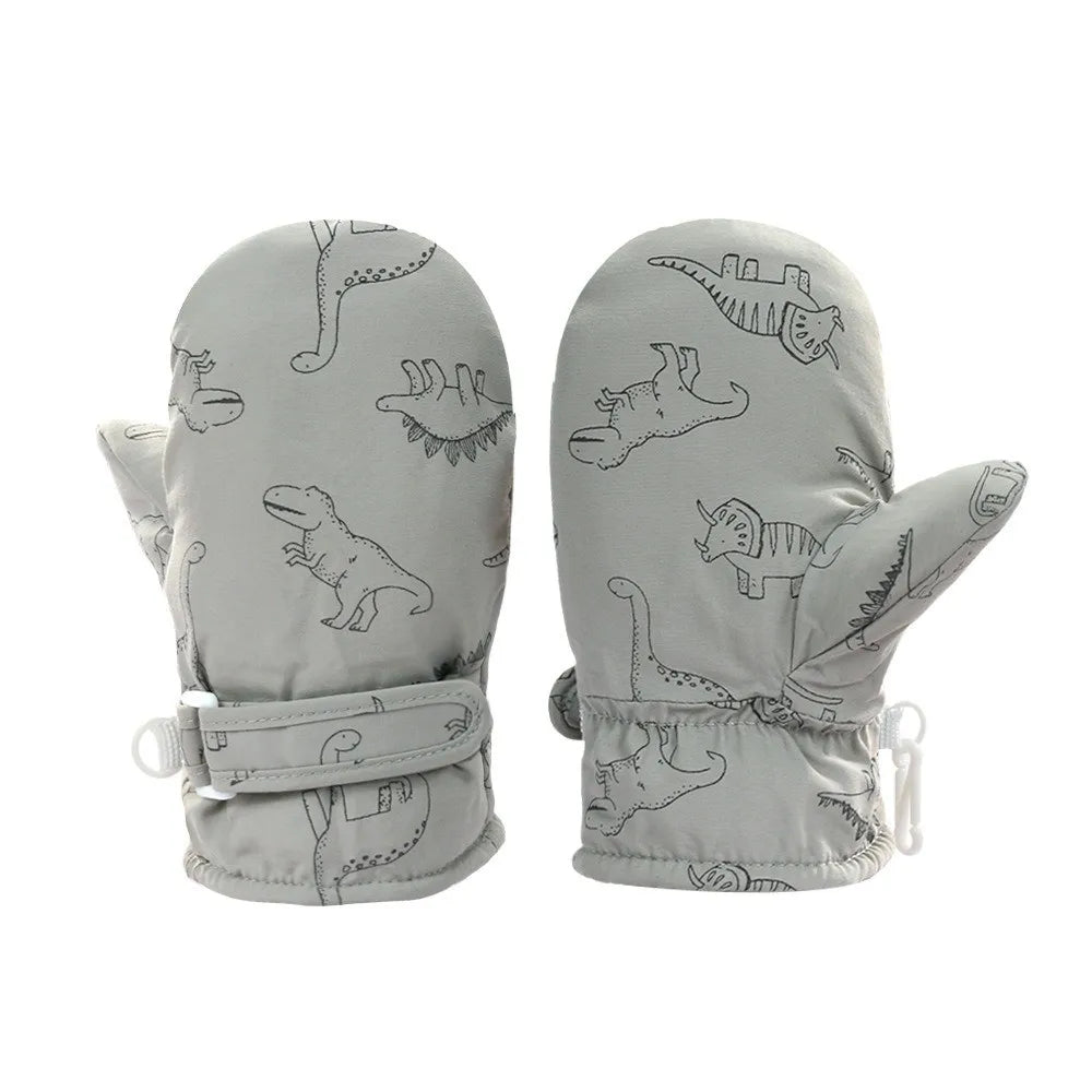 Toddler Dinosaur Snow Mittens – Fleece-Lined, Sizes S, M, L