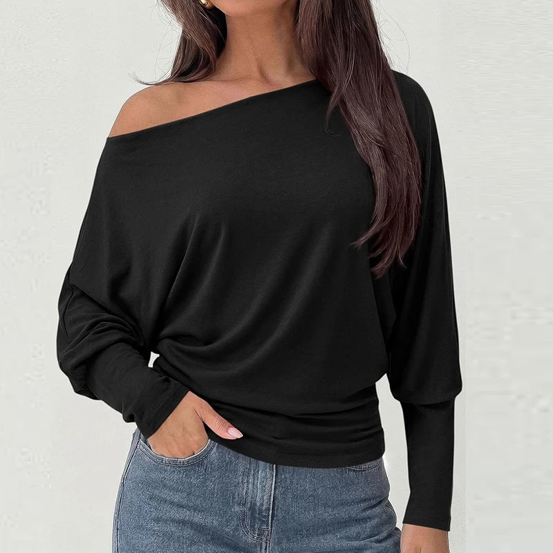 Elegant Off Shoulder Women T-Shirts Solid Color Long Sleeve Shirts For Women Spring Autumn Loose Pullover Lady Basic Tops