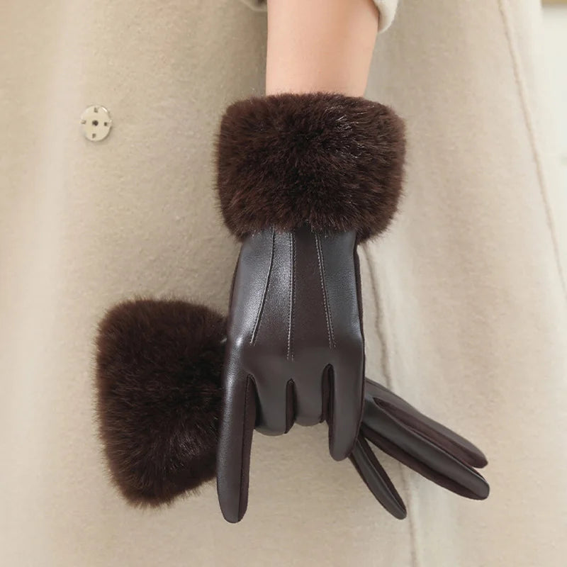 Women's Faux Fur Trim Faux Leather Gloves – Thermal-Lined, Windproof