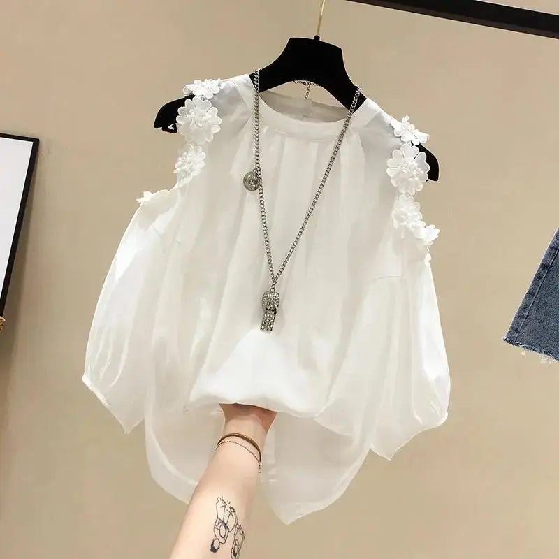Flower Three-dimensional Decoration Raglan Sleeve O-Neck Pullover Women's Blouse Shirt Female Fashion Blouses Women Clothing