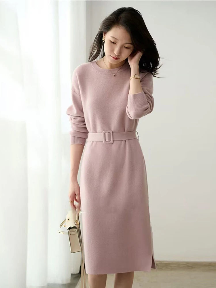 Women's Knit A-Line Midi Dress with Sash