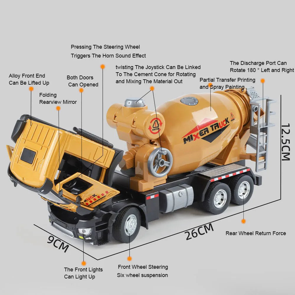 1:24 Diecast Crane & Mixer Truck with Lights, Sounds & Pull-Back