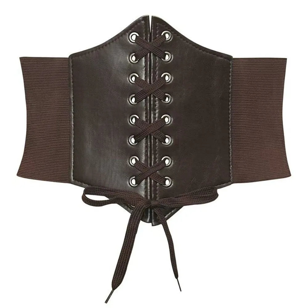 Women's Wide Elastic Corset Belt – Faux Leather Lace-Up Waist Belt