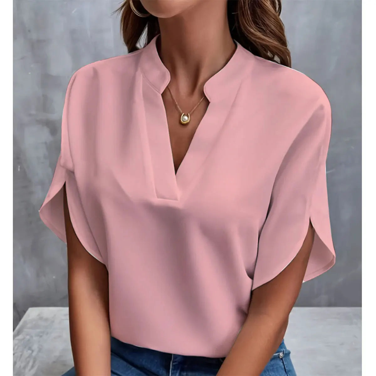 Women's Elegant V-Neck Chiffon Blouse – Casual Short Sleeve Loose Summer Top