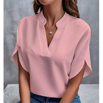 Blusa elegante de gasa con cuello en V para mujer – Top holgado de verano con manga corta para uso informal