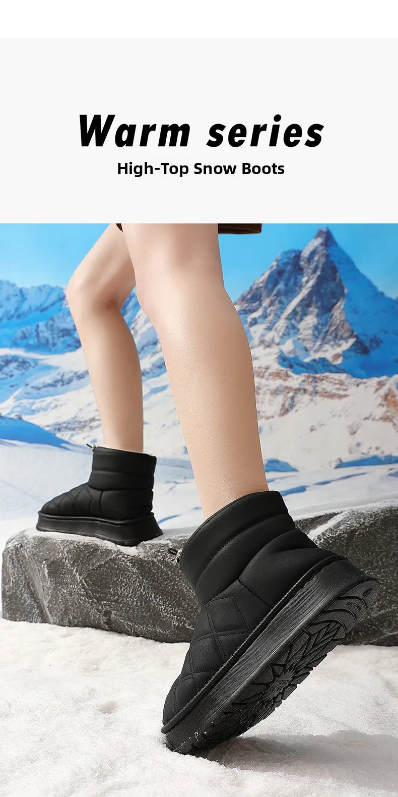 Women's Winter High-Top Fur Lined PU Leather Snow Boots Waterproof Cotton Shoes Warm Fashionable Short Tube EVA Inner Material