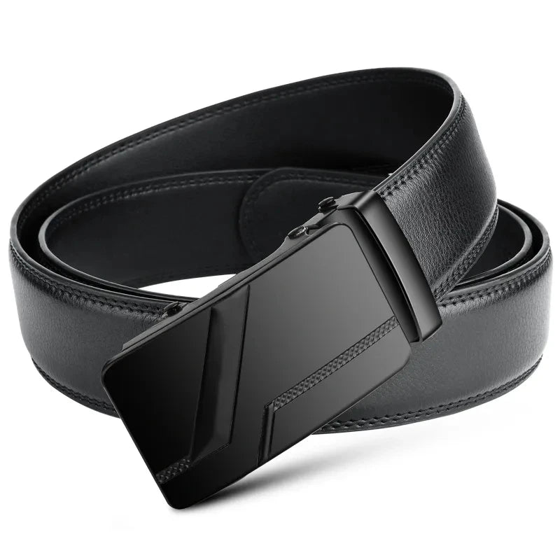Men's Automatic Buckle Belt – Black Faux Leather Ratchet Belt, 110–130 cm