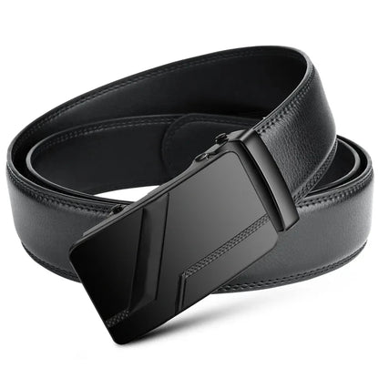 Cintura da uomo con fibbia automatica – Cintura a cremagliera in similpelle nera, 110–130 cm