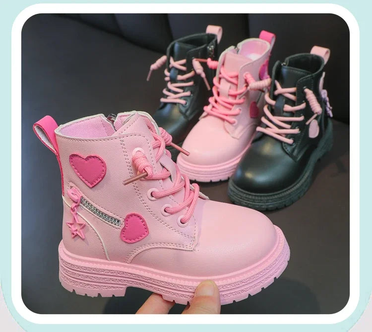 Black/pink Girls Leather Boots Velvet with Anti Slip Low Cut Side Zipper Winter Outdoor Girls Fashion Single Boot