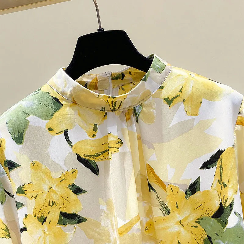 Yellow Floral Printing Chiffon Stand Collar Lantern Sleeve Pullover Women's Blouse Shirt Casual Female Clothing Tops Fashion