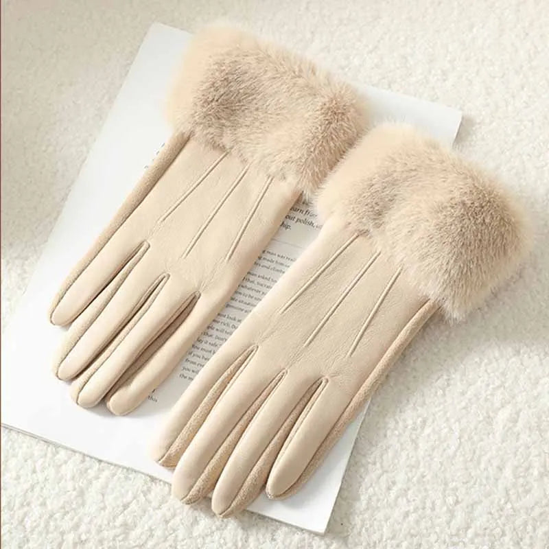 Women's Faux Leather Gloves with Faux Fur Cuff – Touchscreen