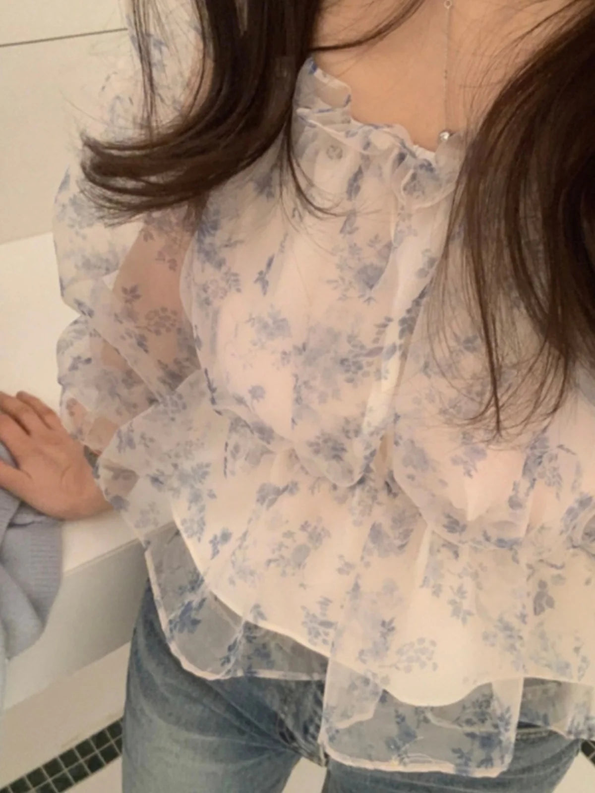 Chic Spring Women's Blouse Gentle Shoulder Bared Floral Bubble Sleeve Chiffon Top Korean Style Loose Fit Long Sleeve Short Le...