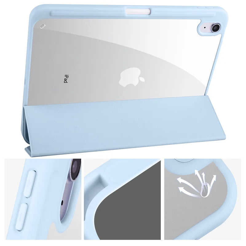 Light blue case for an Apple device with detailed views on a white background