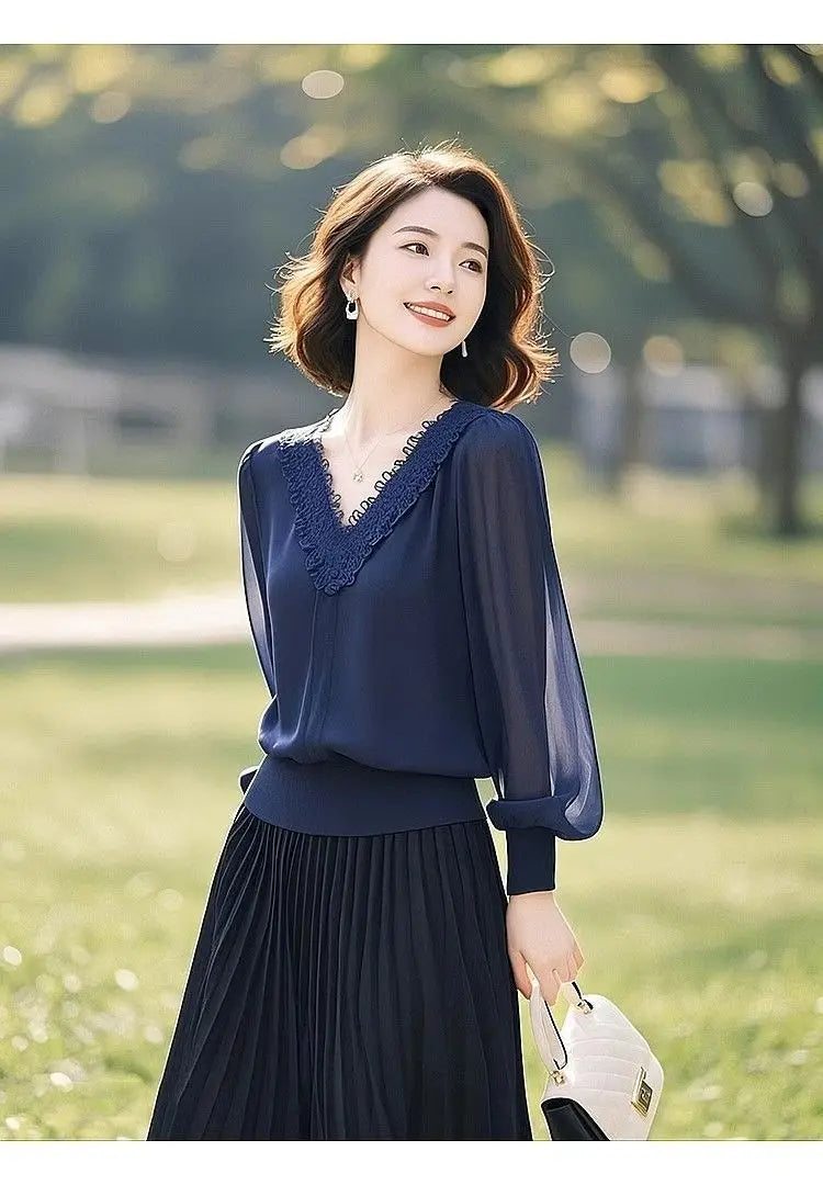 Spring Autumn Office Lady Lace Patchwork Solid Color V-neck Long Sleeve Shirts Female Fashion Net Yarn Lantern Sleeve Blouse