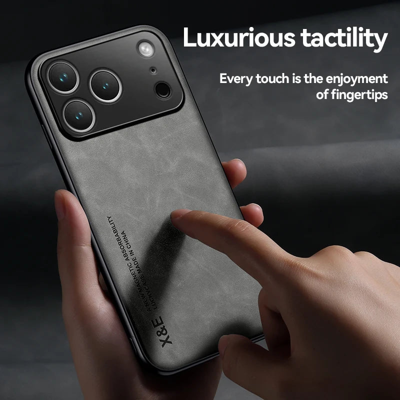 Luxury Leather Case For iPhone 17 18 16 15 14 13 12 11 Pro Max Plus 13 12 Mini Air 16E Cover With Metal Plate Support Car Hold