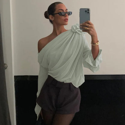 Blusa da donna in chiffon – Top ampio con scollo all'americana, fiore e laccetti per primavera ed estate