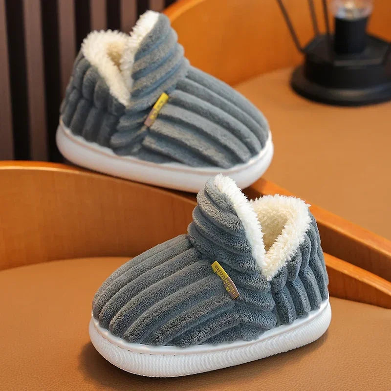 Kids' Striped Plush Slippers – Warm Non-Slip Heel-Wrap House Shoes