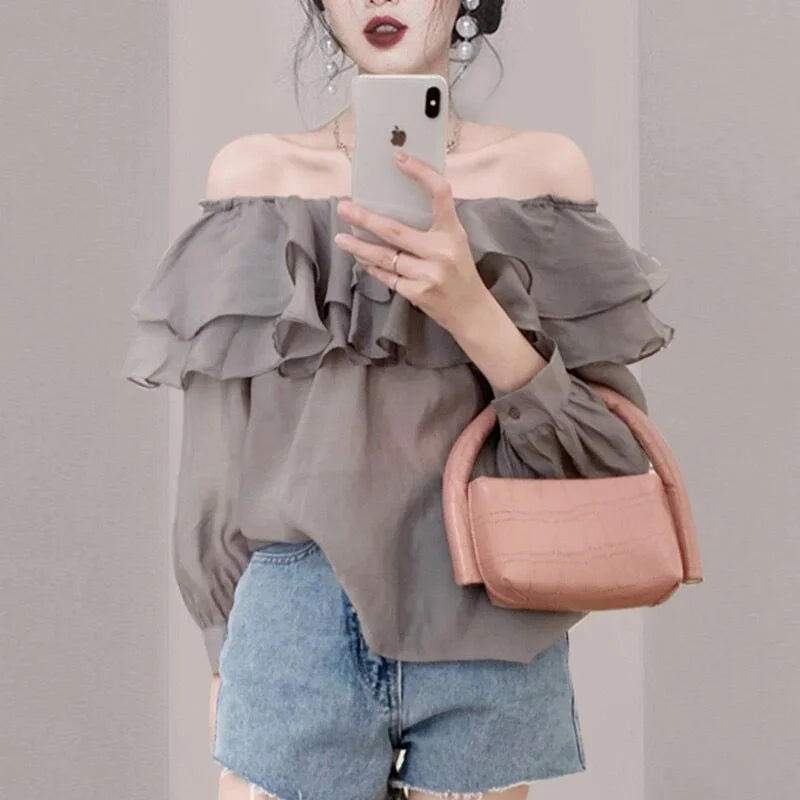 2026 Korean Elegant Sweet Lyocell Blouse Fashion Autumn Off Shoulder Ruffle Slash Neck Long Sleeve Shirt Plus Size Spring Tops