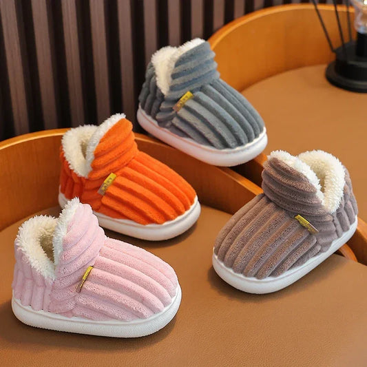 Kids' Striped Plush Slippers – Warm Non-Slip Heel-Wrap House Shoes