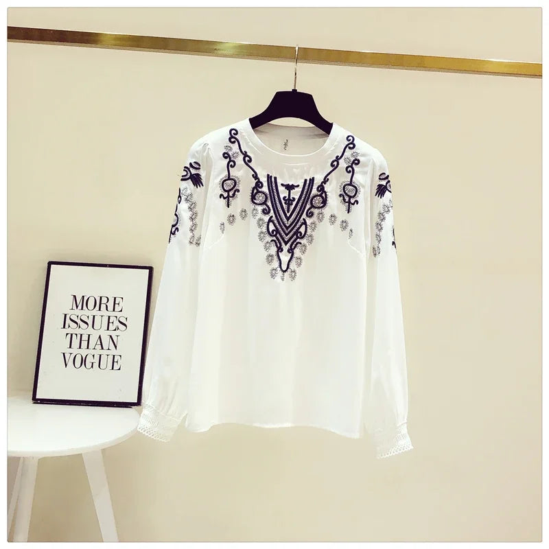 Korean Fashion Embroidery White Blouse Female Chiffon Female Long-sleeved Blusa Early Autumn New Shirt Tops KK1471