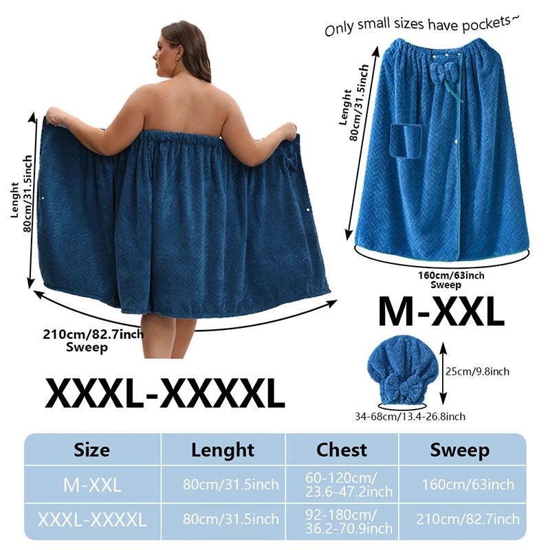 Wearable Bath Towel & Hair Cap Set for Women – Sizes M to 4XL
