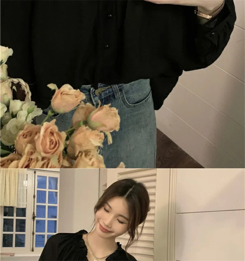 French Solid Color Leisure Women Sweet Solid Color V-neck Ruffled Edge Pullover Shirt Female Loose Fitting Lantern Sleeve Blouse