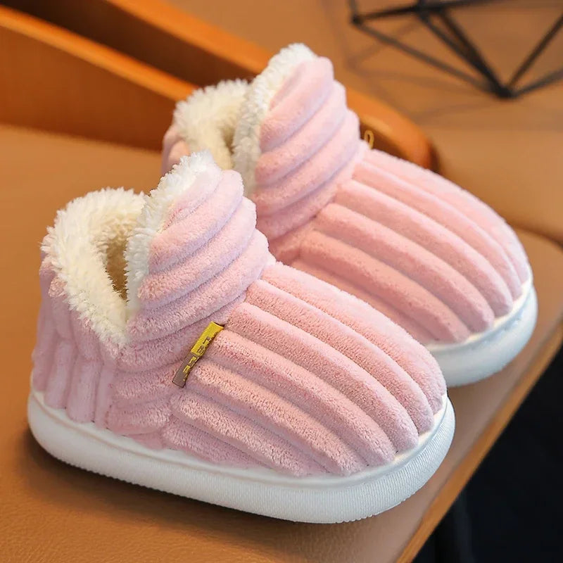 Kids' Striped Plush Slippers – Warm Non-Slip Heel-Wrap House Shoes
