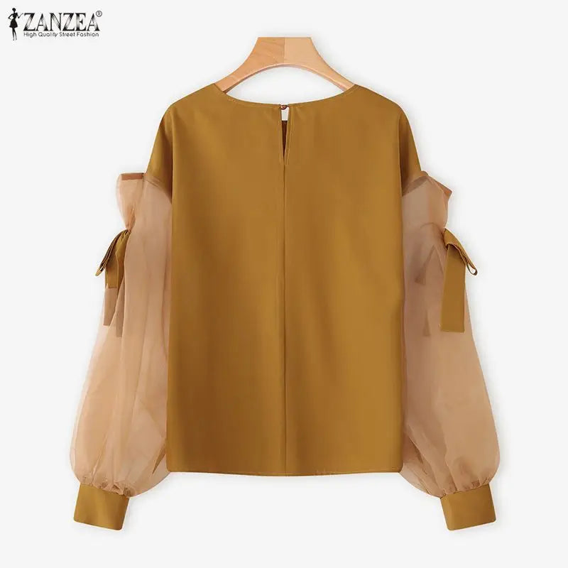ZANZEA Elegant Bow Women Blouse 2025 Autumn Fashion Mesh Patchwork Long Lantern Sleeve Casual Tops Shirts Korean Ladies Blusas