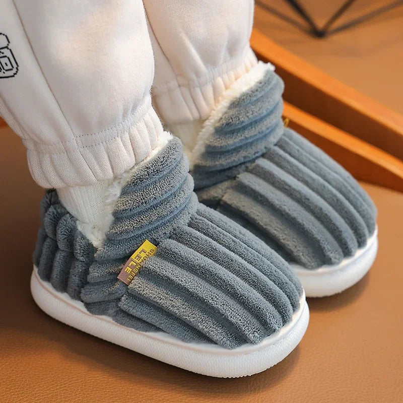 Kids' Striped Plush Slippers – Warm Non-Slip Heel-Wrap House Shoes