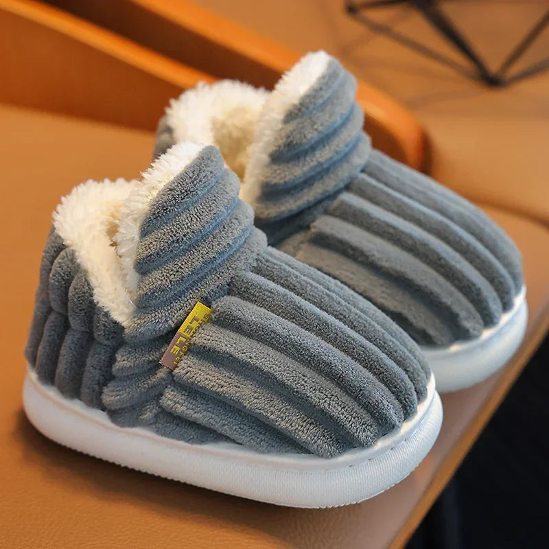 Kids' Striped Plush Slippers – Warm Non-Slip Heel-Wrap House Shoes