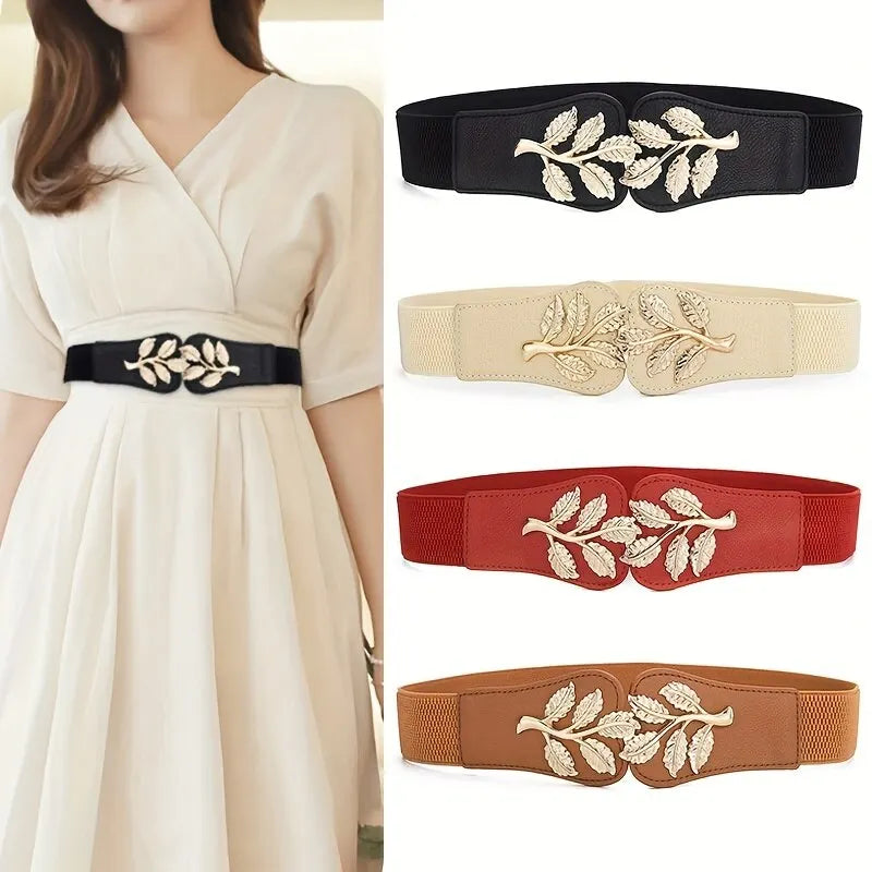 Women's Gold Leaf Elastic Waist Belt – Double Hook Buckle