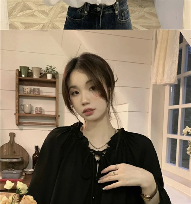 French Solid Color Leisure Women Sweet Solid Color V-neck Ruffled Edge Pullover Shirt Female Loose Fitting Lantern Sleeve Blouse