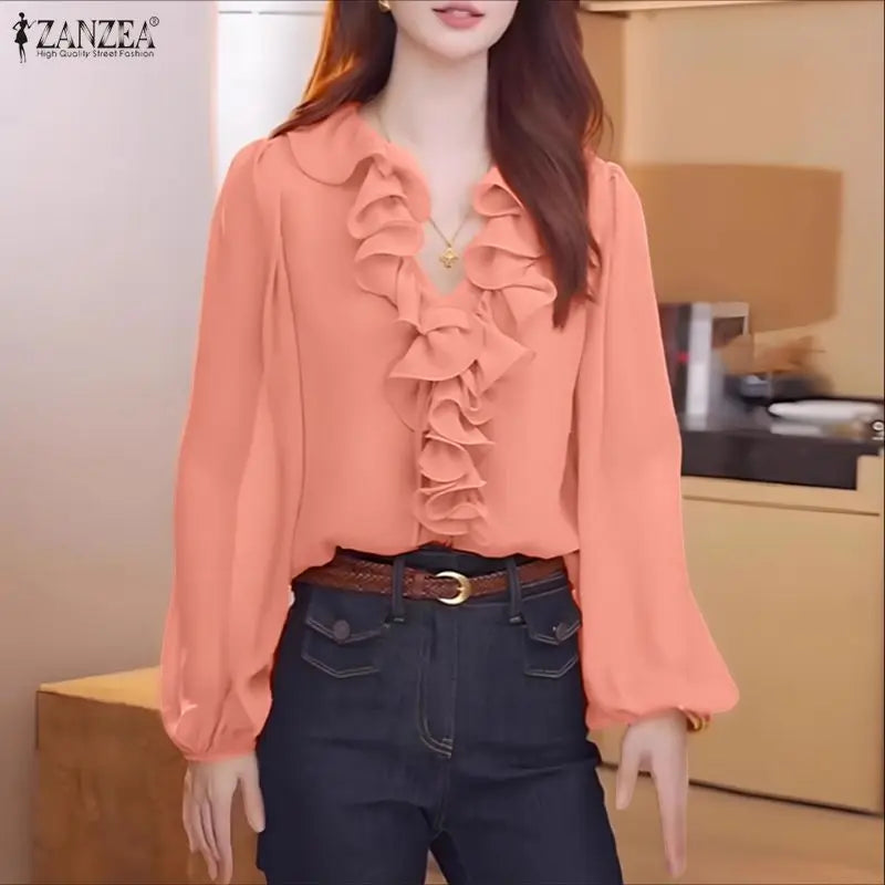 Ruffle Lace-Up Lantern-Sleeve Blouse
