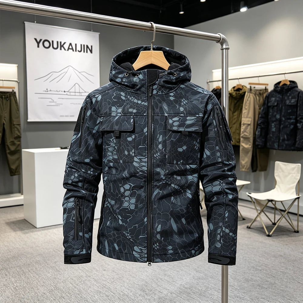 Men's Military Soft Shell Tactical Jacket Winter Warm Fleece Hunting Jackets Outdoor Hiking Fishing Hooded Multi-pockets Coat