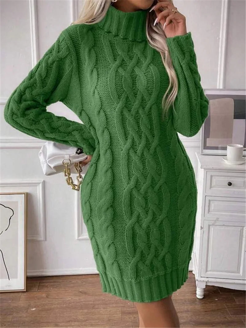 Women's Twisted-Knit Turtleneck Knee-Length Dress