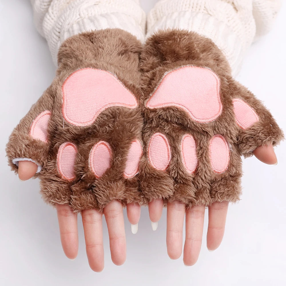 Women's Plush Cat Paw Fingerless Gloves