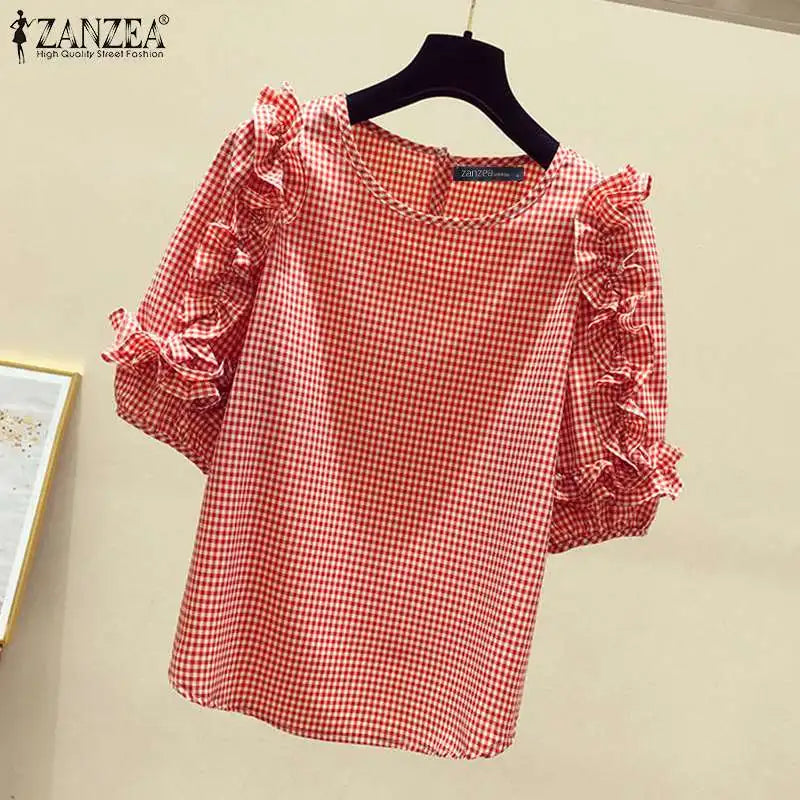 Ruffle-Trim Plaid Lantern-Sleeve Blouse