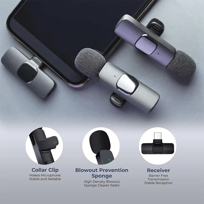 ميكروفون لاسلكي بمشبك لأجهزة آيفون وهواتف USB-C - ميكروفون واحد أو اثنان