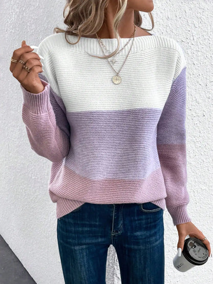Eleganter dreifarbiger Patchwork-Pullover für Damen, lässiger, locker sitzender Strickpullover für den Alltag und Pendler, warme, verdickte Strickjacke für Herbst und Winter