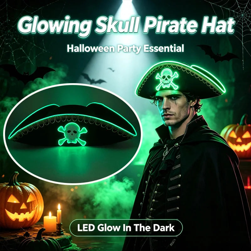 LED Light-Up Pirate Captain Hat - Glowing Tricorn Costume Hat for Halloween & Parties