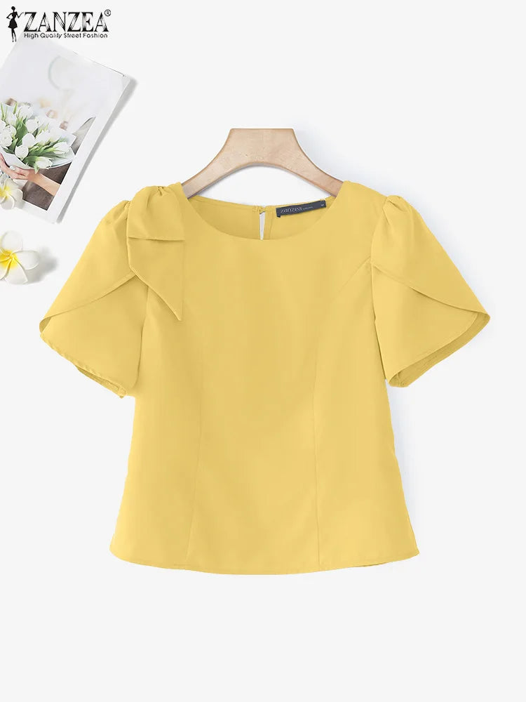 Women Blouse ZANZEA Elegant Office Lady Summer Short Puff Sleeve Bow Fashion Shirts 2025 Casual Solid Color Tops Tunic Blusas