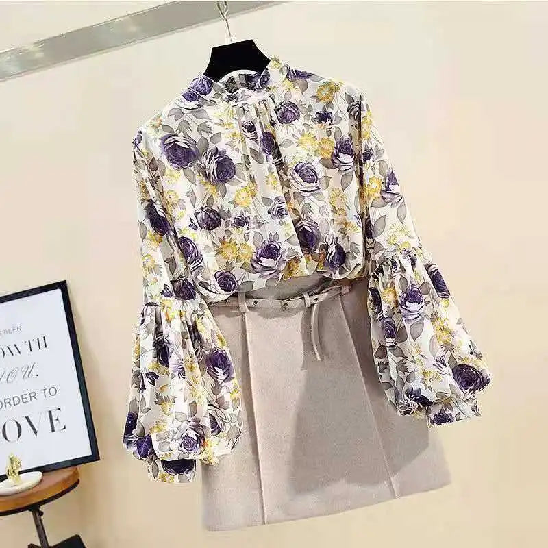 Floral Print Vintage Chiffon Stand Collar Lantern Sleeve Pullover Women's Blouse Shirt Casual Female Clothing Tops Fashion 2024