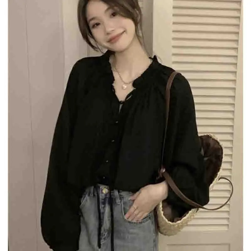 French Solid Color Leisure Women Sweet Solid Color V-neck Ruffled Edge Pullover Shirt Female Loose Fitting Lantern Sleeve Blouse