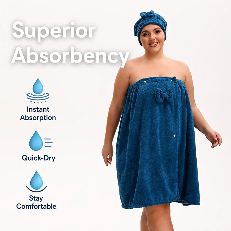 Wearable Bath Towel & Hair Cap Set for Women – Sizes M to 4XL