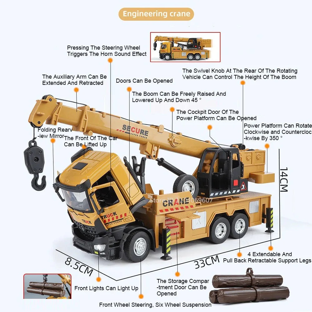 1:24 Diecast Crane & Mixer Truck with Lights, Sounds & Pull-Back